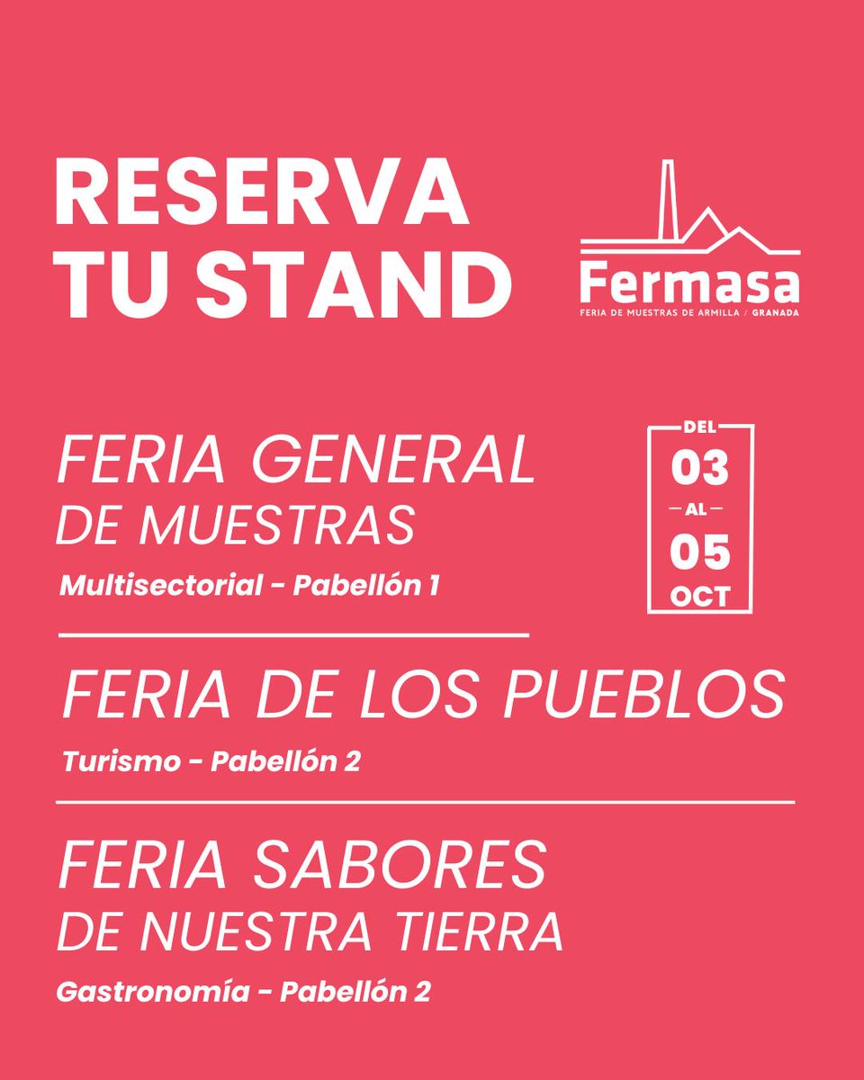 ¿Quieres dar visibilidad a tu empresa? ¡Vente a #Fermasa del 3 al 5 Octubre!

📍 Feria de los Pueblos (turismo y cultura): fermasa.org/feria-de-los-p…  
🍷 Sabores de Nuestra Tierra (gastron.): fermasa.org/feria-sabores-… 
🛍️ Feria General de Muestras (comercio): fermasa.org/feria-general-…