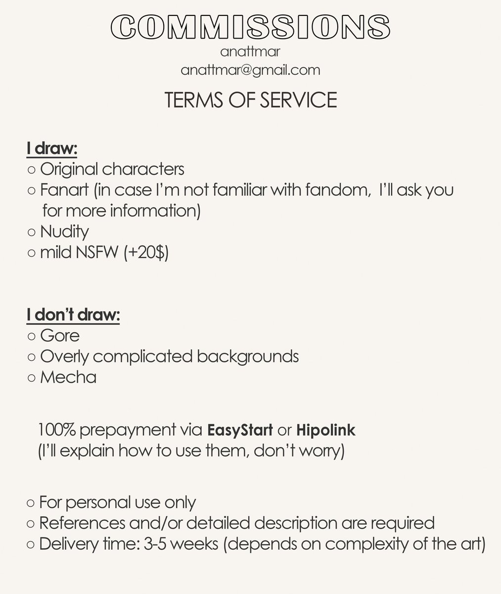 Hello my dears&lt;3 I have 2 commission slots available
If you are interested or have any questions feel free to email me at anattmar@gmail.com
RTs and likes are very appreciated 🫶