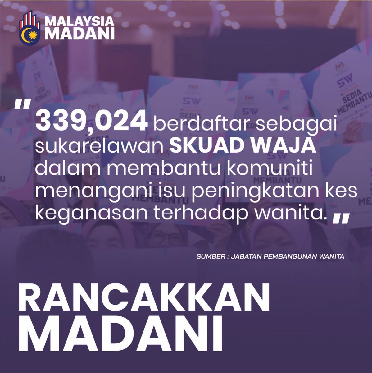 Jabatan Pembangunan Wanita (JPW) mengambil inisiatif menubuhkan Skuad Waja sebagai agen perubahan dalam komuniti bagi membantu menangani isu keganasan terhadap wanita melalui aktiviti bimbingan dan sokongan psikososial.

Sumber: Jabatan Pembangunan Wanita (JPW)