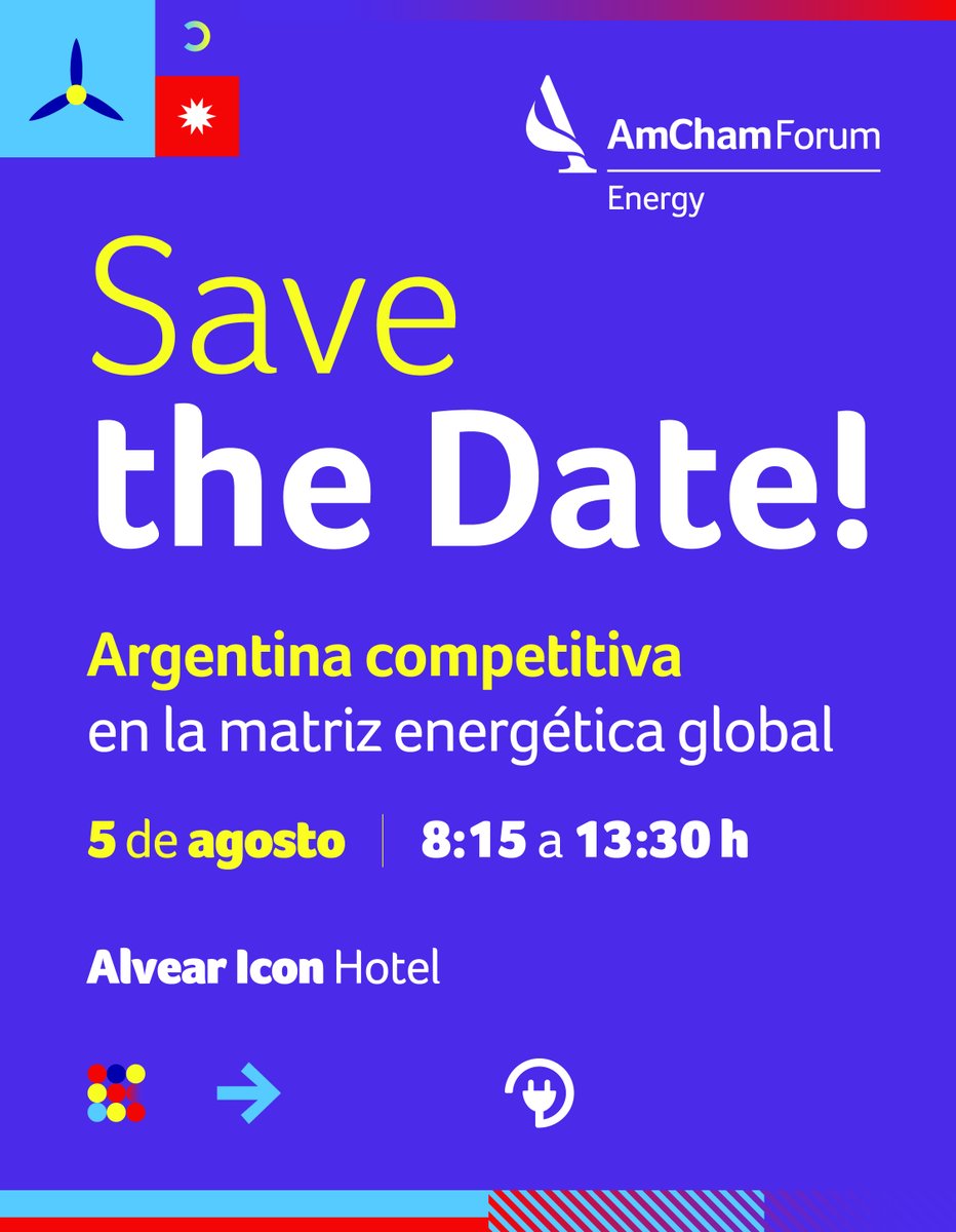 ⚡️Agendá la fecha | #AmChamEnergyForum

 El 5 de agosto nos encontramos para hablar del futuro energético de Argentina:

🔹 Seguridad energética
🔹 Inversiones
🔹 Uso inteligente de recursos
🔹 Inserción internacional
 
📲 Conocé la agenda: amchamar.com/EnergyForum202…