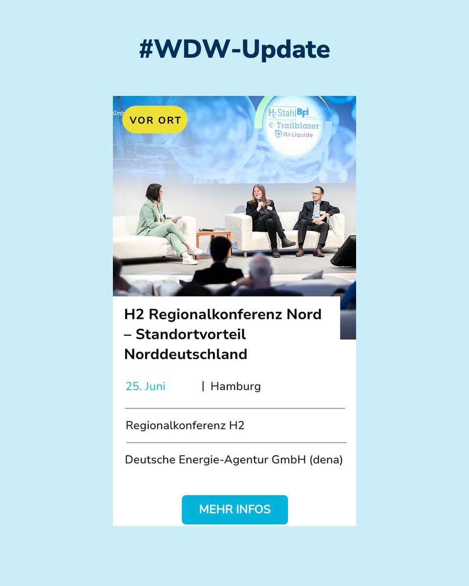 Woche_des_H2's tweet image. #WDW-Update
Bei der H2-Regionalkonferenz Nord am 25.06. standen die Standortvorteile Norddeutschlands für den Hochlauf der Wasserstoffwirtschaft im Fokus. Den Rückblick finden Sie unter "Update" im #WDW-Kalender: lnkd.in/epRJr3Xk
#WDW2025
#Wasserstoff
#WasserstoffErleben