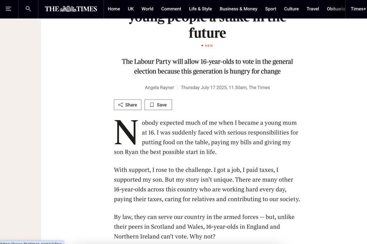 Angela Rayner's Times op-ed originally said "by law, they [16-year-olds] can get married" despite the Marriage and Civil Partnership (Minimum Age) Act 2022 raising the age of marriage to 18. This was edited out in an updated version (with no correction). 
thetimes.com/uk/politics/ar…