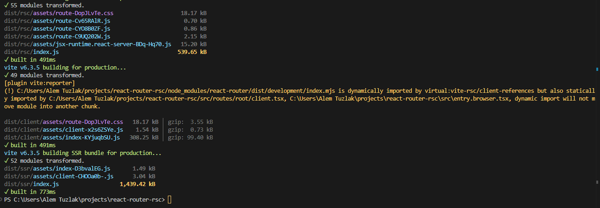 AlemTuzlak's tweet image. I just built the new @ReactRouter RSC demo with Vite and these are some crazy numbers for a project with 0 code in it.
The client bundle seems to stay roughly the same size but surprised by the numbers on the server.