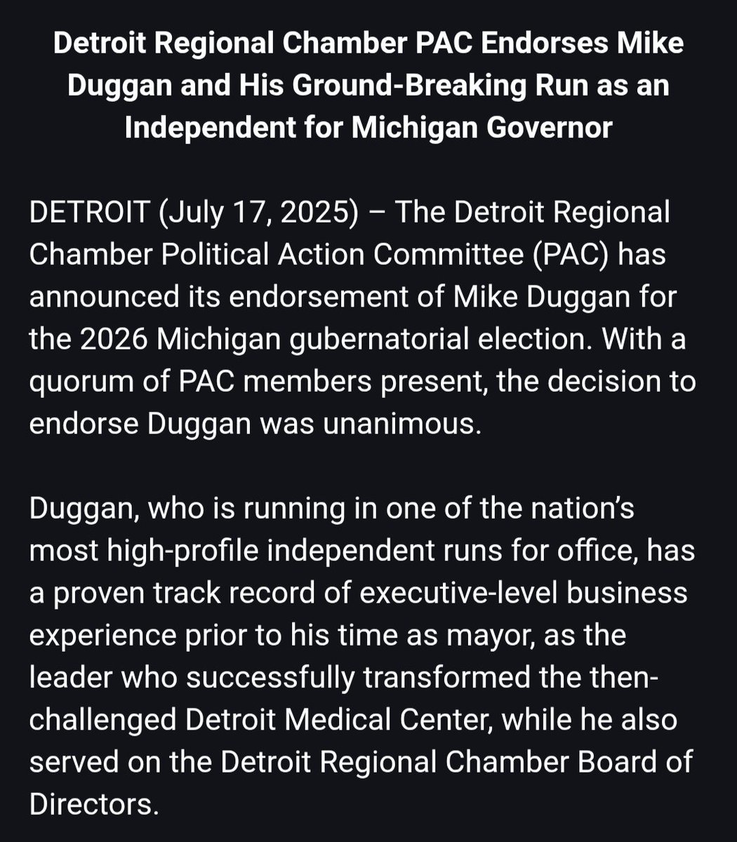 jonathanoosting's tweet image. Detroit Chamber out with an early endorsement in 2026 race for Michigan governor: Mike Duggan
