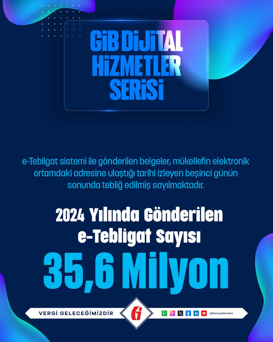 #eTebligat

📧 e-Tebligat sistemi ile gönderilen belgeler, mükellefin elektronik ortamdaki adresine ulaştığı tarihi izleyen beşinci günün sonunda tebliğ edilmiş sayılmaktadır.

gib.gov.tr/e-Tebligat

#GİB #VergiGeleceğimizdir