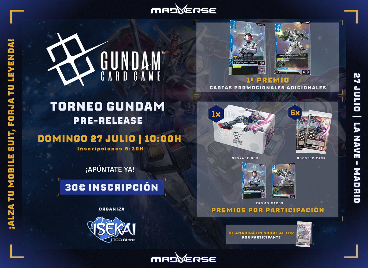 Madverse (@madverse_es) on Twitter photo ¿Pensando si venir a la pre-release de Gundam que organiza <a href="/ISEKAI_ALCORCON/">Isekai TCG Store</a>? 🤖
¡Mira todo lo que te puedes llevar por participar y como premios adicionales por ganar! 🎁
¡Diversión asegurada!
🎫 Entradas: my.weezevent.com/gundam-tcg-mad… ¿Pensando si venir a la pre-release de Gundam que organiza <a href="/ISEKAI_ALCORCON/">Isekai TCG Store</a>? 🤖
¡Mira todo lo que te puedes llevar por participar y como premios adicionales por ganar! 🎁
¡Diversión asegurada!
🎫 Entradas: my.weezevent.com/gundam-tcg-mad…