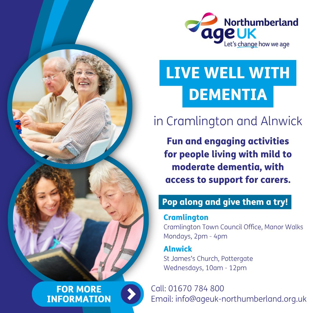Our Live Well with Dementia groups have an amazing impact on both clients and carers, and we are hoping to welcome new members to our #Cramlington and #Alnwick groups!

If you, or someone you know, would benefit from attending our groups then please get in touch.