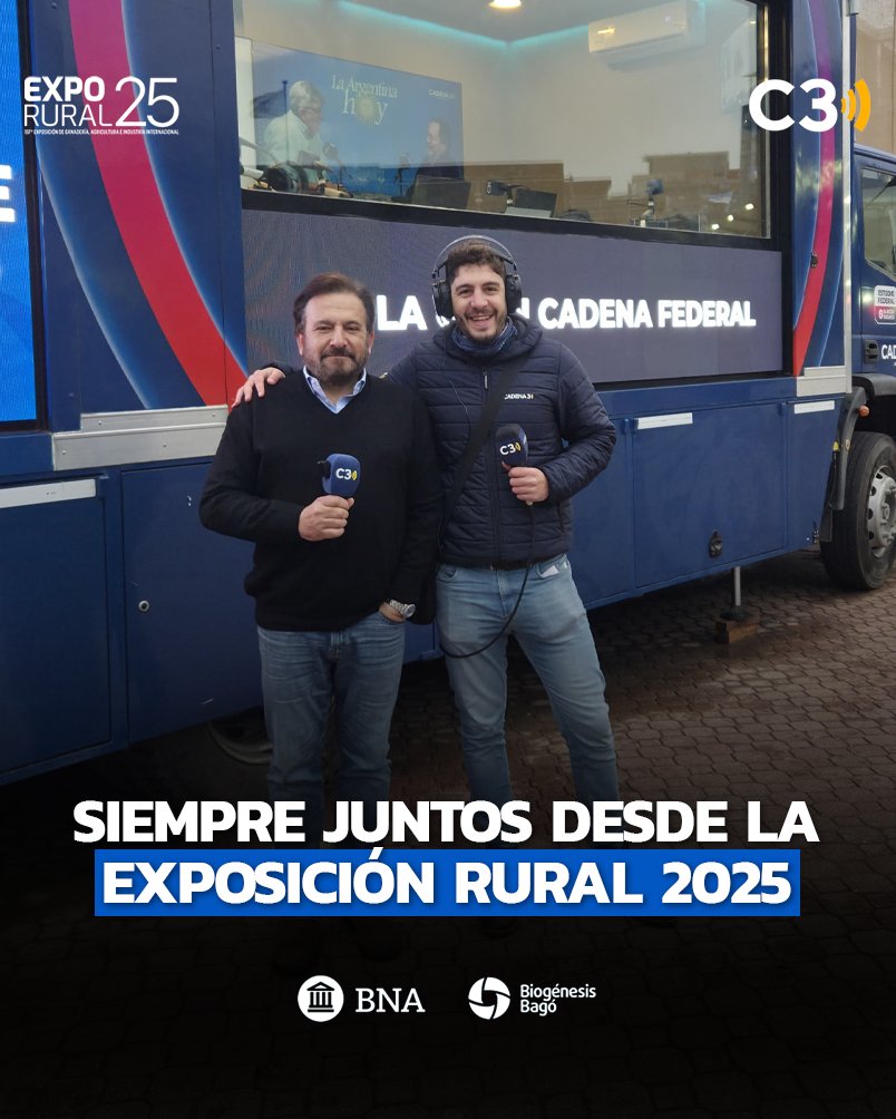 📻 CADENA 3 ROSARIO DESDE LA RURAL

Siempre Juntos se traslada al corazón del campo. Este jueves y viernes, el programa saldrá en vivo desde el Estudio Federal Sancor Seguros, instalado en la Exposición Rural 2025. 

📻 Cadena 3 Rosario FM 100.1
🔗 cadena3.com/Rosario