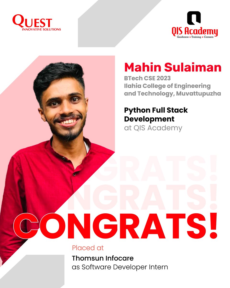 qis_academy's tweet image. Congrats Mahin Sulaiman!
From Ilahia College to Software Developer Intern at Thomsun Infocare — thanks to QIS Academy’s Python Full Stack course!
👉 Join QIS Academy and kickstart your career.
#QISAcademy #PlacementSuccess #PythonFullStack #TechCareers