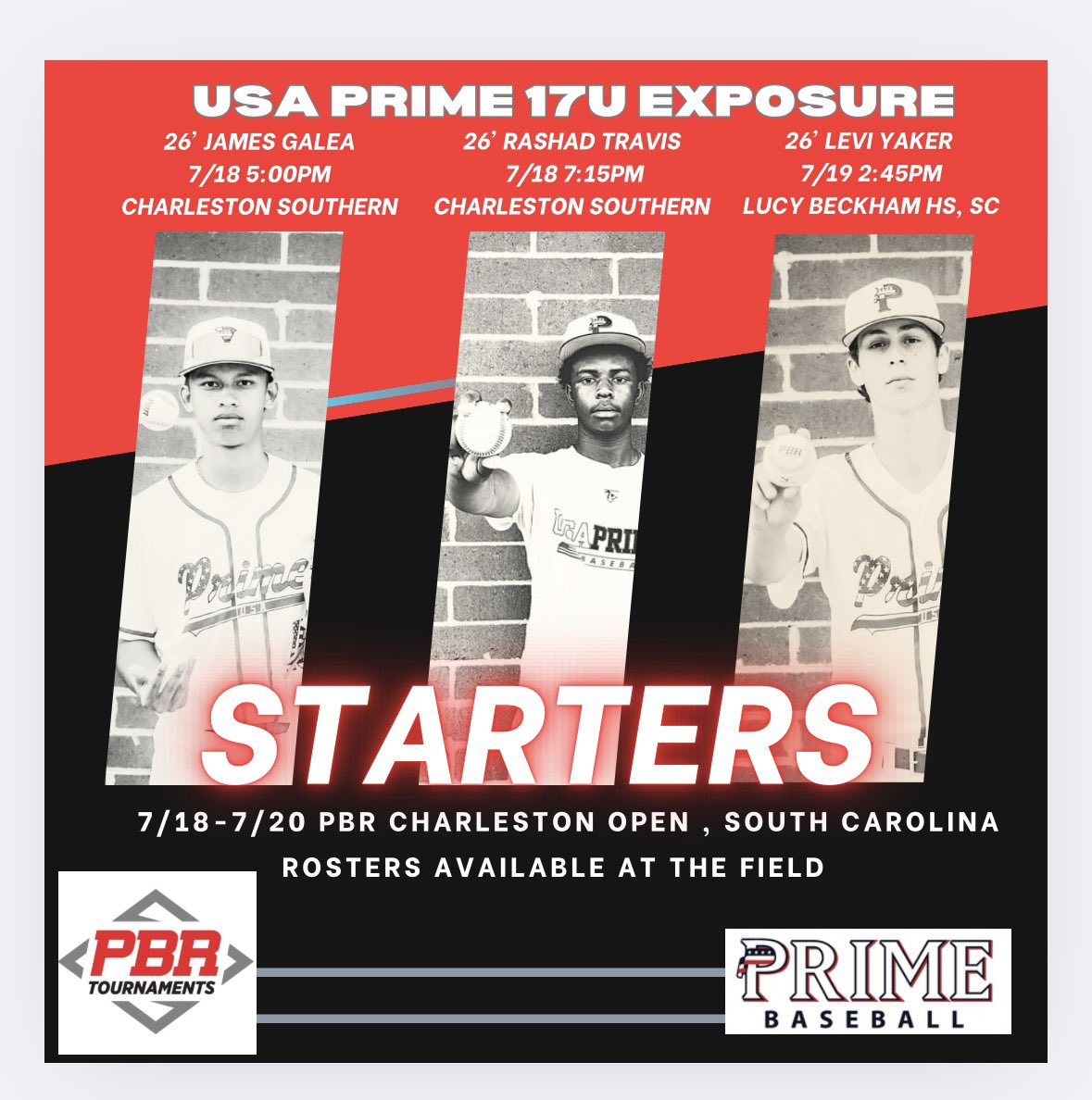 USA Prime MI 17u Exposure (@usapgregorich) on Twitter photo 🚨ROTATION🚨
PBR Charleston Open , South Carolina
<a href="/PrepBaseball_SC/">Prep Baseball South Carolina</a>
7/18 GM1 @ Charleston Southern
26’ <a href="/jamesgaleaa18/">James</a> 5:00pm
7/18 GM2 @ Charleston Southern
26’ <a href="/RashadTravis08/">Rashad Travis</a> 7:15pm
7/19 GM3 @ Lucy Beckham HS
26’ <a href="/levi_yaker/">Levi Yaker</a> 2:45pm
<a href="/USAPrimeMI/">USA Prime Michigan Baseball & Softball</a>
<a href="/USAPrimeREC/">USA Prime MI - Recruiting</a>
#WeWork 🚨ROTATION🚨
PBR Charleston Open , South Carolina
<a href="/PrepBaseball_SC/">Prep Baseball South Carolina</a>
7/18 GM1 @ Charleston Southern
26’ <a href="/jamesgaleaa18/">James</a> 5:00pm
7/18 GM2 @ Charleston Southern
26’ <a href="/RashadTravis08/">Rashad Travis</a> 7:15pm
7/19 GM3 @ Lucy Beckham HS
26’ <a href="/levi_yaker/">Levi Yaker</a> 2:45pm
<a href="/USAPrimeMI/">USA Prime Michigan Baseball & Softball</a>
<a href="/USAPrimeREC/">USA Prime MI - Recruiting</a>
#WeWork
