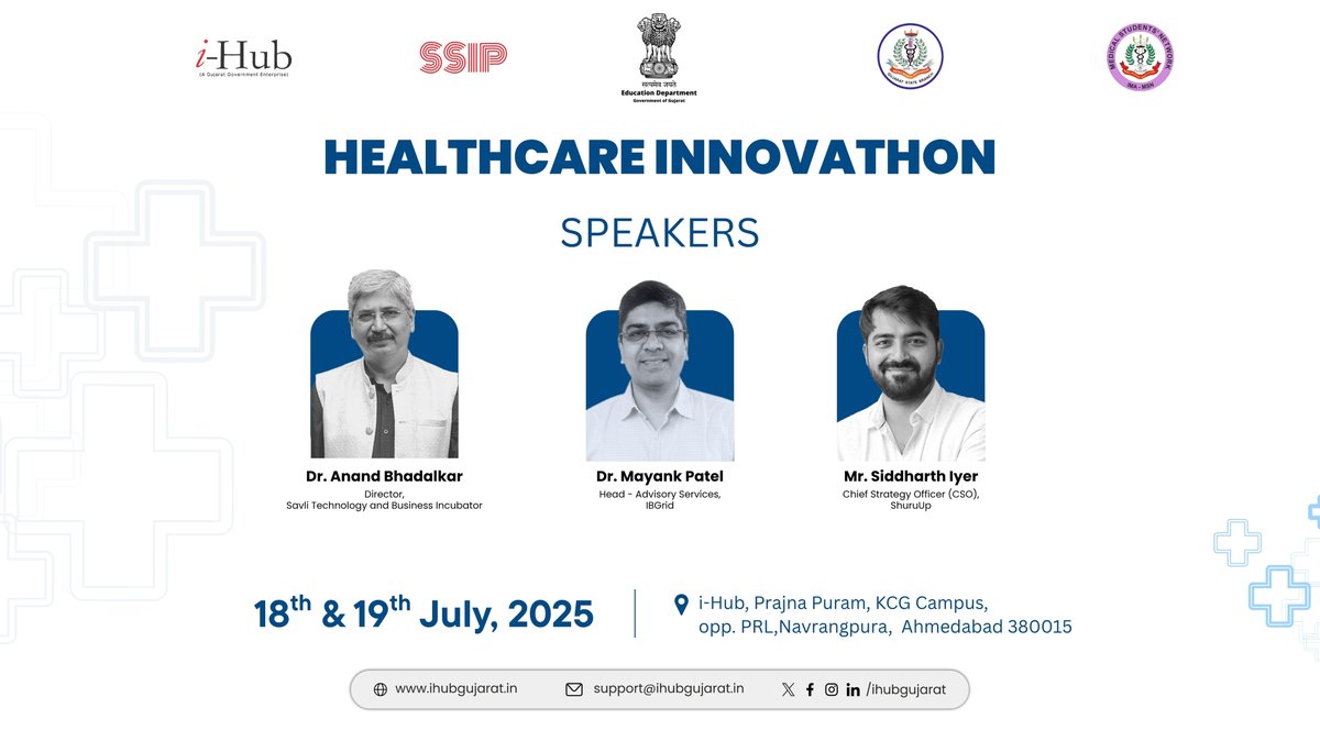 iHub (@ihubgujarat) on Twitter photo As part of the two-day event "Healthcare Innovathon" on 18th–19th July 2025 organized by i-Hub Gujarat in collaboration with <a href="/IMAIndiaOrg/">Indian Medical Association</a> – Gujarat State Branch, a series of Speaker Sessions have been scheduled on 18th and 19th July 2025. As part of the two-day event "Healthcare Innovathon" on 18th–19th July 2025 organized by i-Hub Gujarat in collaboration with <a href="/IMAIndiaOrg/">Indian Medical Association</a> – Gujarat State Branch, a series of Speaker Sessions have been scheduled on 18th and 19th July 2025.