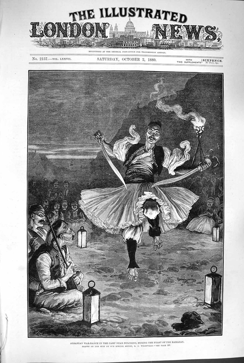 Saturday, October 2, 1880
The Illustrated London News.
Drawn on the spot by our special artist Richard Caton Woodville

Albanian war-dance in the camp near Dulcigno {today Albanian city of Ulqin in 🇲🇪} during the feast of Ramazan