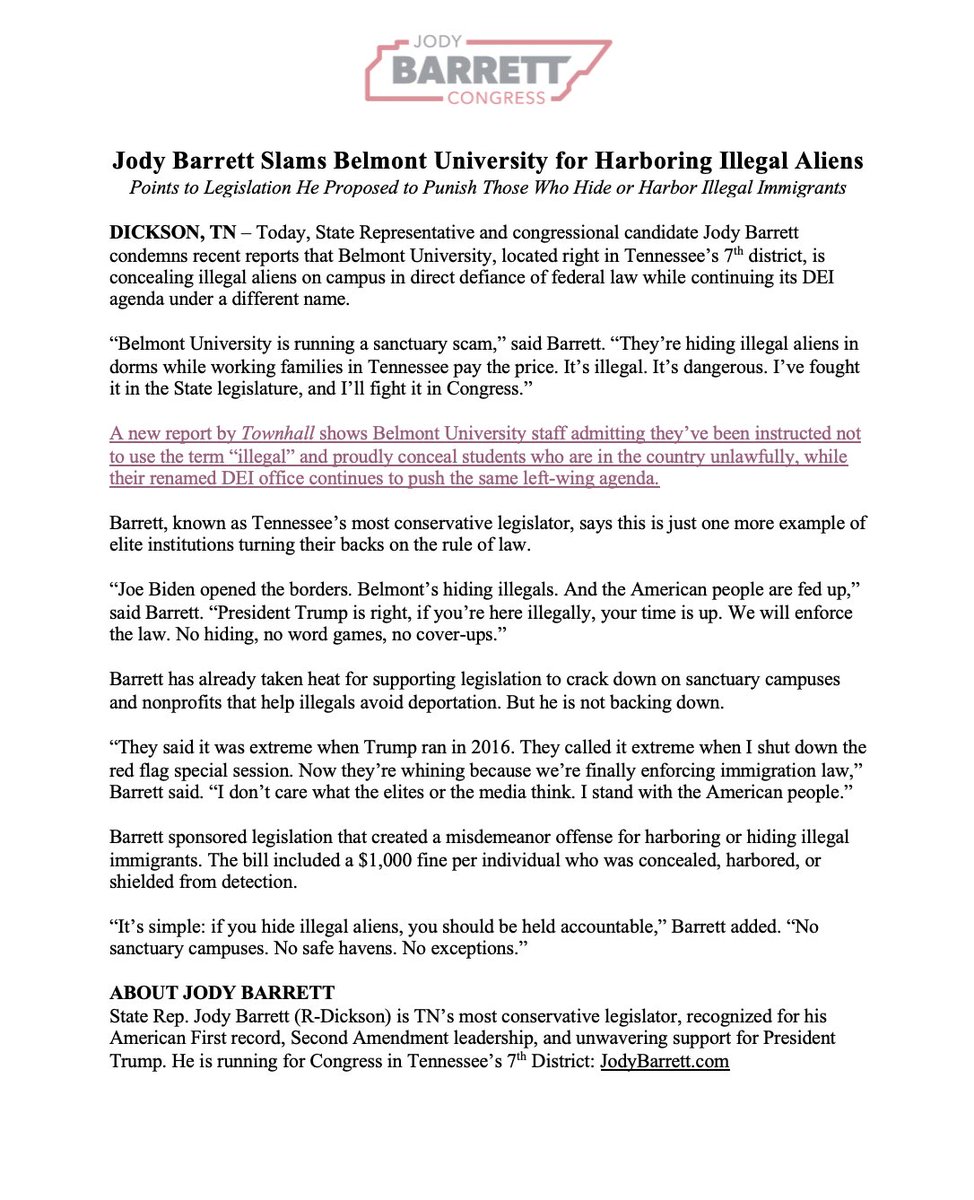 JodyBarrett4TN's tweet image. We are a nation of laws. Belmont University apparently believes they are above the law. According to their own employee, they’re hiding illegal aliens in their dorms. The American people are fed up with this nonsense. President Trump and Tennessee will enforce the law.