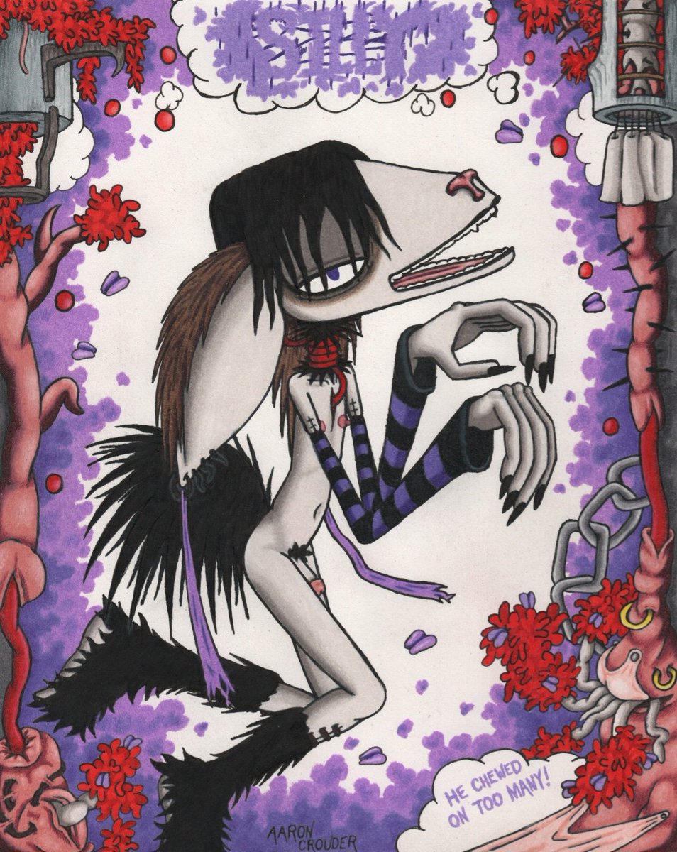 Eccentric_Bat's tweet photo. Here, we have a Critter super high on the petals from a special plant in the Critter World.  It makes them VICIOUSLY HORNY.  :O
#art #traditionalart #Gothic #goth #emo #furry #oc #nsfw #nsfwart #cartoonnsfw #furrynsfwart #furryfandom https://t.co/4f1UMaquym