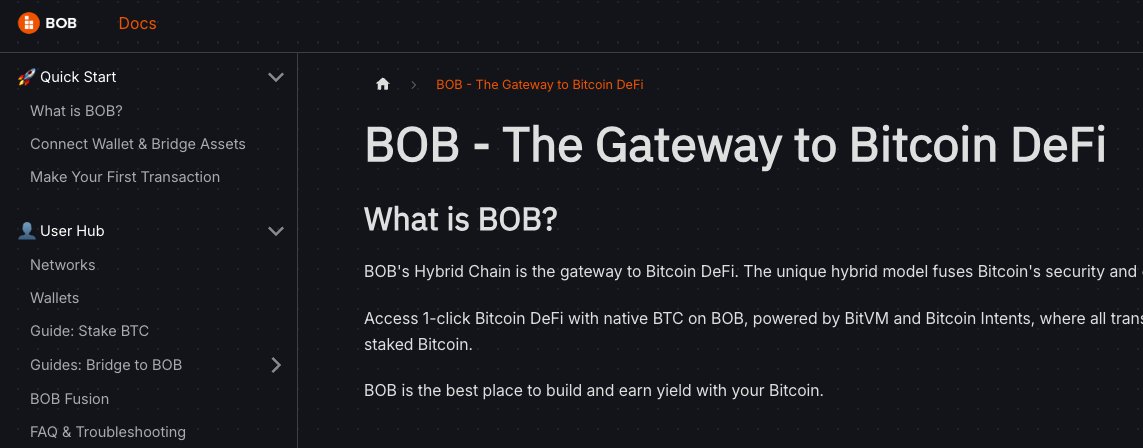 dom60808's tweet image. BOB docs updated! Got a bunch of great stuff:
- Quick start guide for you to onboard into BTCFi on BOB
- User hub for all questions around using BOB
- Gateway docs updated for the builders looking to superpower their apps with BTC
- BitVM explainer
- BOB chain updates
Check it…