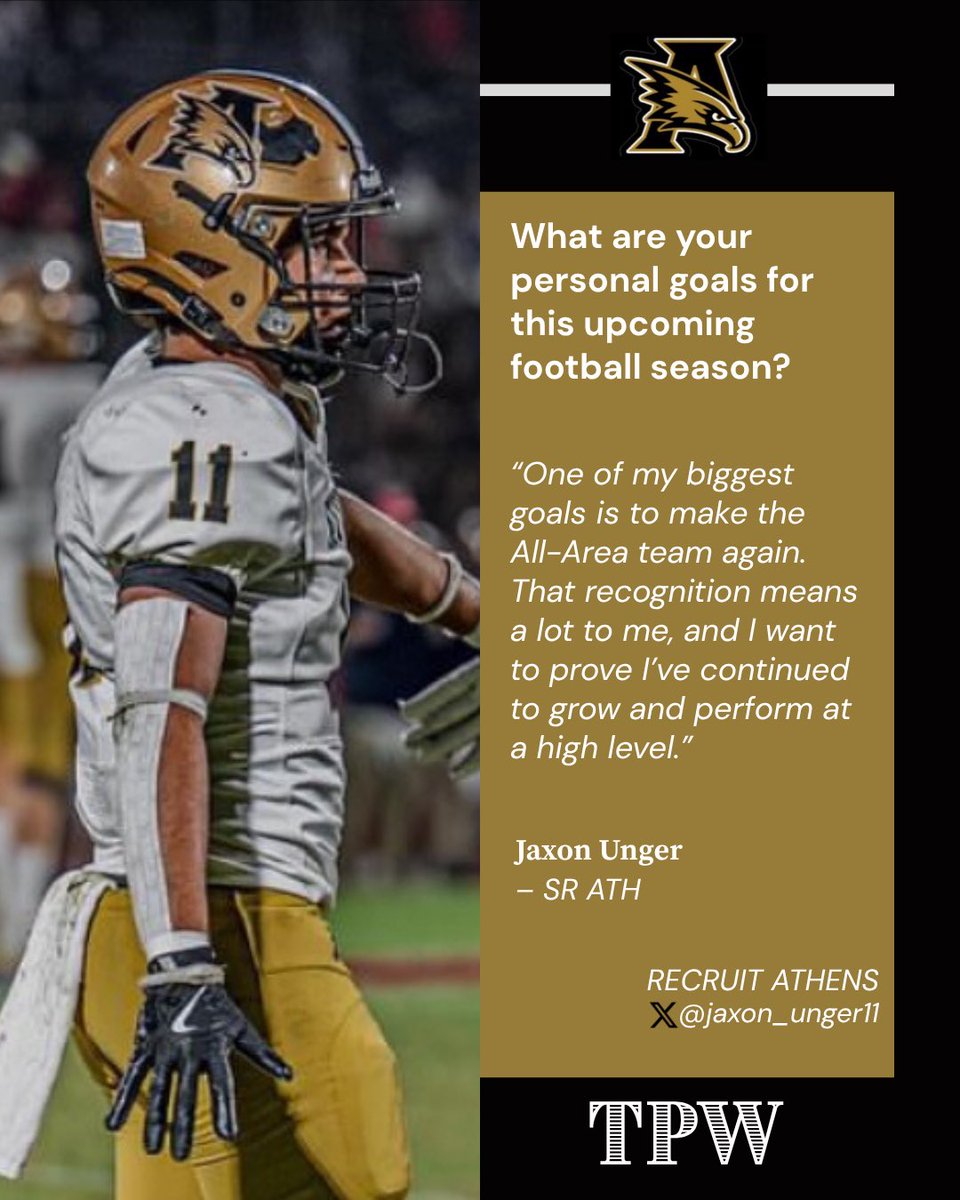 RecruitAthens's tweet image. PLAYER SPOTLIGHT | #TPW
Meet Jaxon Unger, senior ATH for Athens High School 🦅
Safety. WR. Corner. RB. Return Specialist.
There’s nothing this dude can’t do.
Follow Jaxon this season 👉 @jaxon_unger11
#AthensFootball #ToughPeopleWin #RecruitAthens #GoldStandard