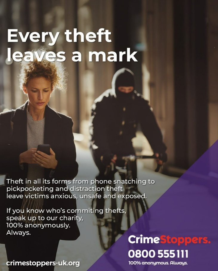 MPSBexley's tweet image. Theft leaves a mark. Whether it’s a stolen phone, a wallet lifted or distraction theft, these crimes leave people anxious, vulnerable and feeling unsafe. If you know who’s behind it, tell our charity what you know. You stay 100% anonymous. Always.