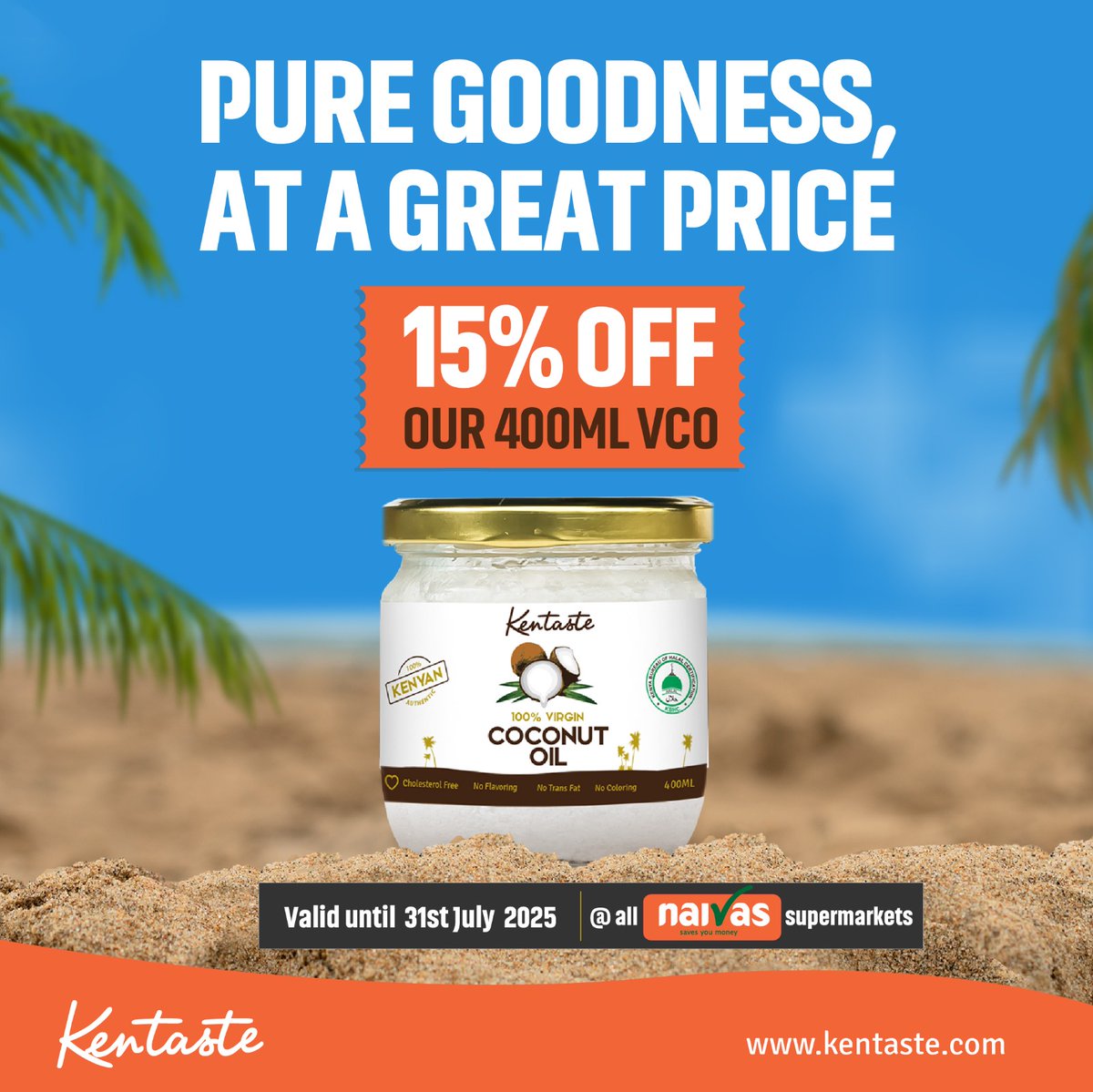 Your pantry and your glow routine just got a discount!
Save 15% on Kentaste’s 400ml Virgin Coconut Oil - only at Naivas. Offer ends July 31st. Hurry! 😀🛍️ 🛒 
#SmartGlow #KentasteEssentials #NaivasSavings