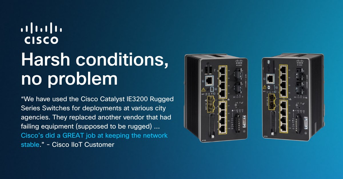 CiscoIIoT's tweet image. Rugged, reliable, and ready for the toughest jobs! 💪 Our customers trust the Cisco Catalyst IE3200 Rugged Series Switches to deliver network stability where it matters most. See why customers are raving: cs.co/60184AmWa
#IIoT #IndustrialSwitches