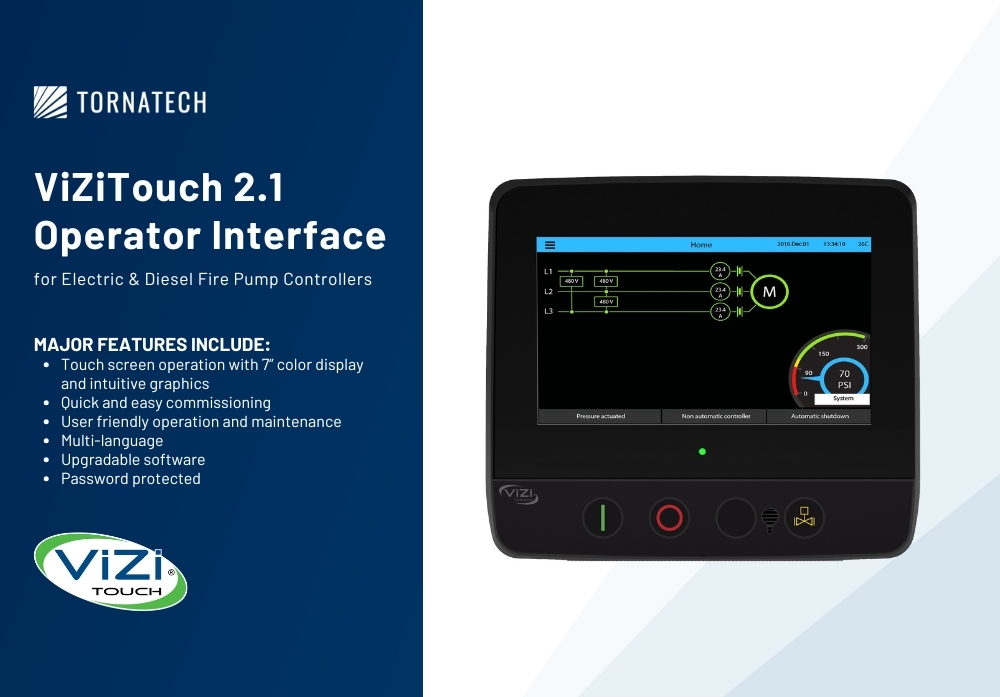 Les contrôleurs de pompes anti-incendie électriques et diesel Tornatech sont équipés de l'interface opérateur ViZiTouch 2.1. / Tornatech electric and diesel fire pump controllers feature the ViZiTouch 2.1 operator interface. → bit.ly/3IdTYuw