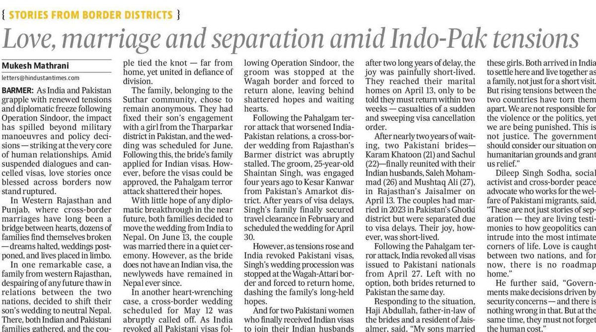 Love knows no borders, but geopolitics does. 💔 Amid Indo-Pak tensions post-Operation Sindoor, cross-border marriages are caught in the crossfire—weddings halted, visas revoked, families torn apart.
📍From Barmer to Ghotki, love stories now echo with silence.
#OperationSindoor