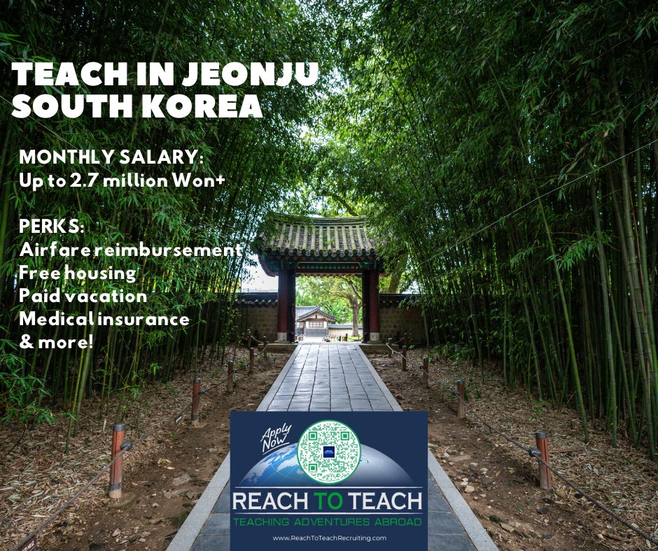 Reach_To_Teach's tweet image. #ReachToTeach is looking for #ESLTeachers to #TeachInSouthKorea. #Jeonju offers a low cost of living with a big city lifestyle! Earn 2.7 million Won per month, plus housing, airfare, & more.
Apply: reachtoteachrecruiting.com/apply-now-to-t…
#TeachAbroad #SouthKorea #TEFLJobs