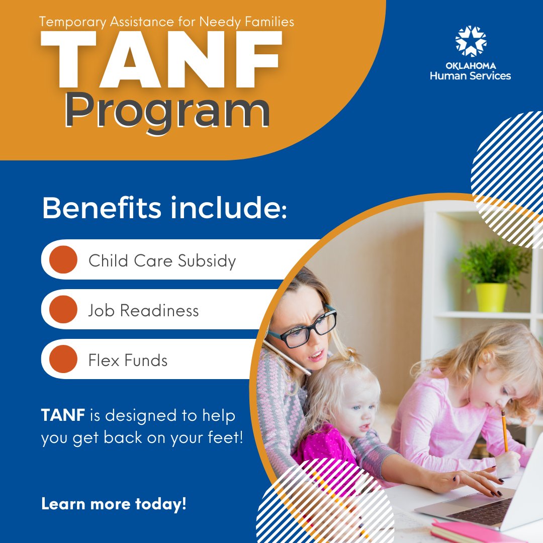 OKDHS's tweet image. 💡 Need a helping hand? The TANF program offers temporary support for qualifying families with children, including cash payments, SoonerCare & Child Care Subsidy, job readiness activities, and more. Learn how we can help: oklahoma.gov/okdhs/services…