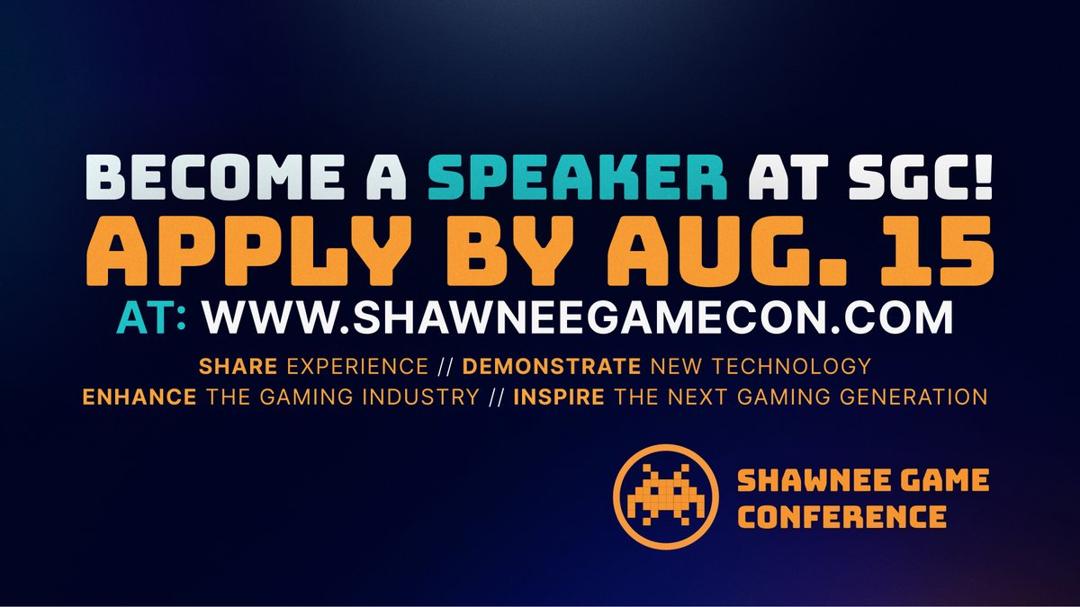 Interested in being a speaker at this year's Shawnee Game Conference? 👾

SAVE THE DATE ➡️ SGC 2025 is Nov. 7 &amp; 8!

✅ Share experience
✅ Demonstrate new technology
✅ Enhance the gaming industry
✅ Inspire the next gaming generation

Apply by Aug. 15 » shawneegamecon.com