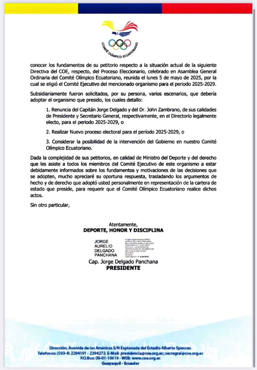 🚨Amenazas de intervención y asfixia económica desde <a href="/DeporteEc/">Ministerio del Deporte 🇪🇨</a> ponen en serio peligro al ciclo olímpico y la exclusión de #Ecuador de #JuegosOlímpicos.

❌El ministro José Jiménez pide la renuncia de #JorgeDelgado y John Zambrano. Caso contrario, intervendrá el <a href="/ECUADORolimpico/">Comite_Olimpico_Ecu</a>