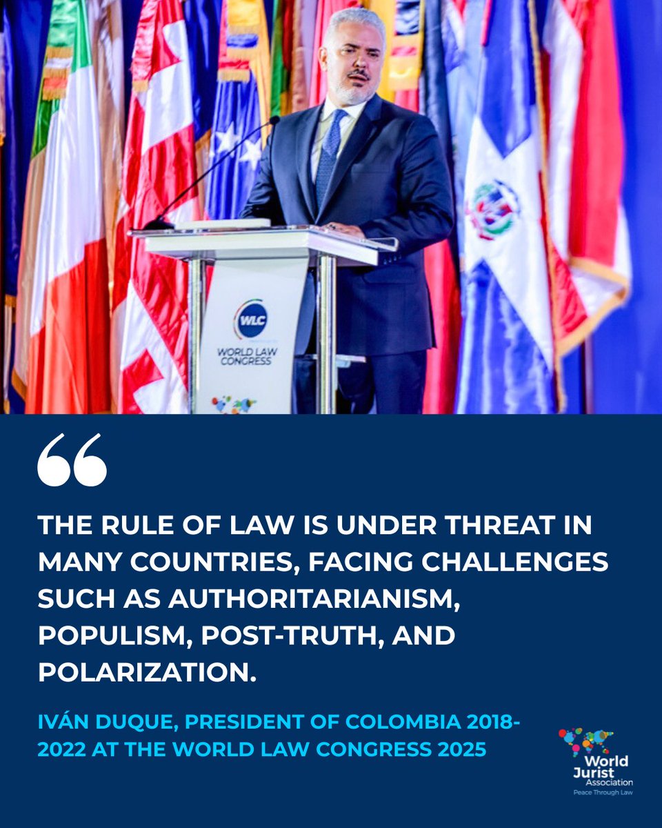 World Jurist Association (@worldjurist) on Twitter photo At the #WorldLawCongress 2025, <a href="/IvanDuque/">Iván Duque 🇨🇴</a> warned of growing pressure on democratic institutions driven by authoritarianism, polarization, and disinformation.
Defending the #RuleofLaw means confronting these threats head-on. At the #WorldLawCongress 2025, <a href="/IvanDuque/">Iván Duque 🇨🇴</a> warned of growing pressure on democratic institutions driven by authoritarianism, polarization, and disinformation.
Defending the #RuleofLaw means confronting these threats head-on.