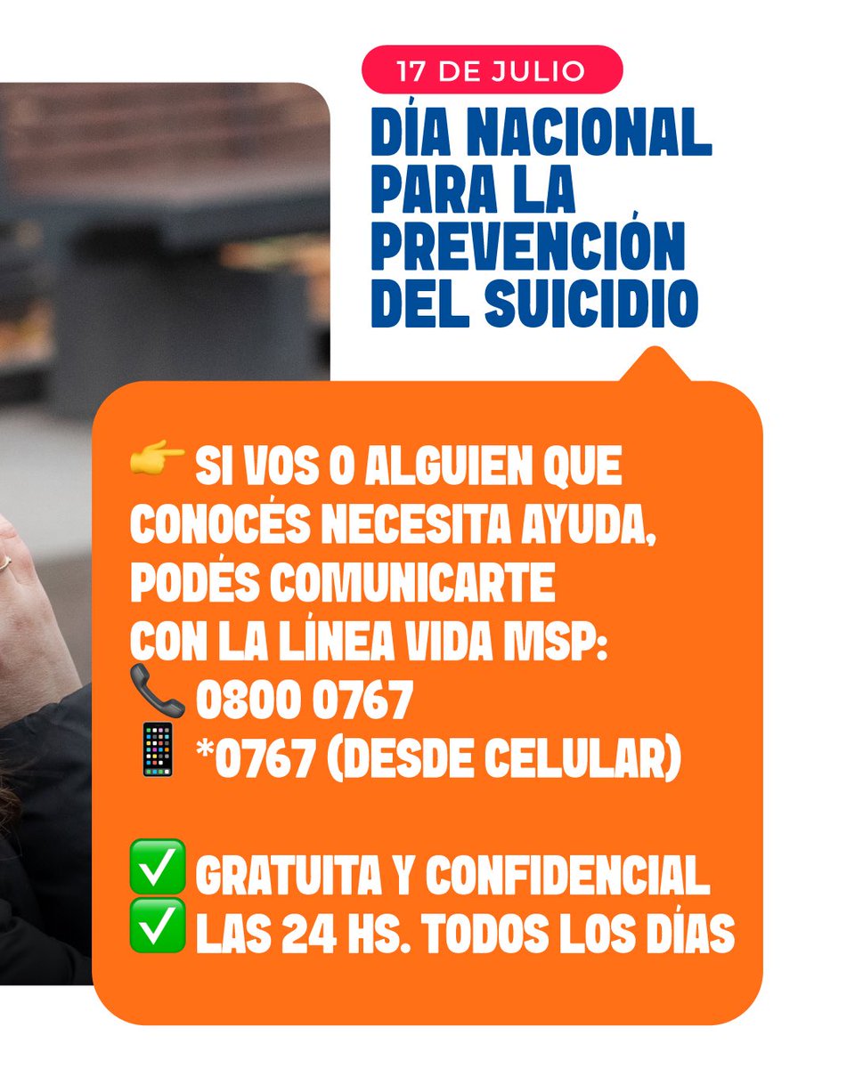 Hoy reafirmamos nuestro compromiso con la salud mental y el derecho a ser escuchados y acompañados.

Hablar y escuchar con empatía salva vidas.
👉 Si vos o alguien que conocés necesita ayuda, podés comunicarte con la Línea Vida MSP:
📞 0800 0767 / *0767 (desde celulares)
✅