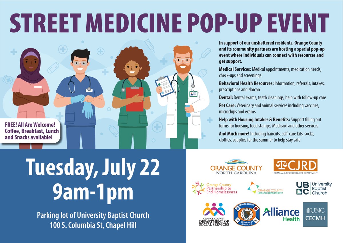 OCNCGOV's tweet image. In support of our unsheltered residents, Orange County and its community partners are hosting a special pop-up event on Tue., July 22 from 9 am to 1 pm, where people can get support in the parking lot of University Baptist Church at 100 S. Columbia St., Chapel Hill.