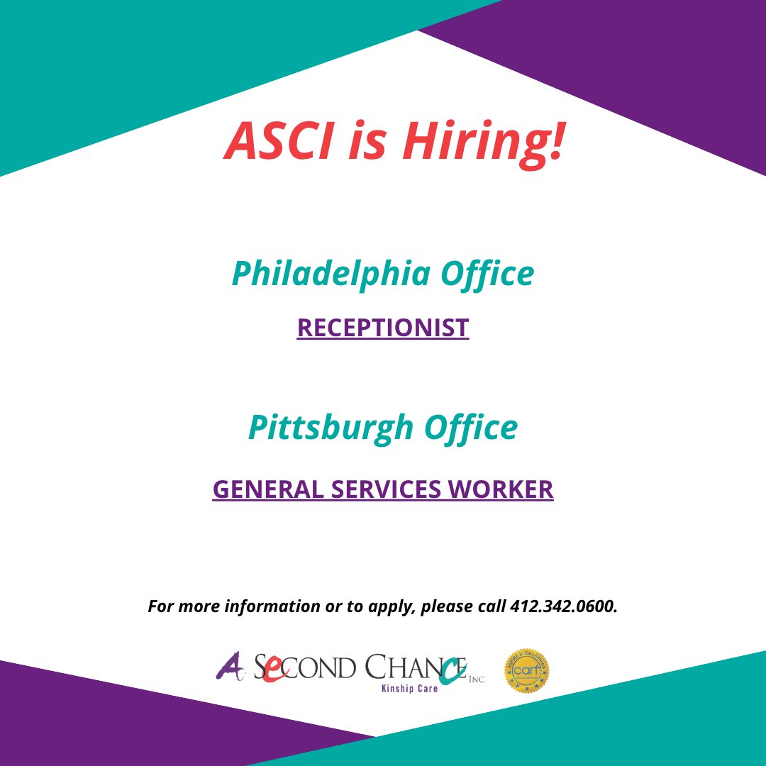 WE'RE HIRING! Contact us today if you want to serve #children and #families in a fast-paced work environment! Check out our website for all open positions! asecondchance-kinship.com/careers/open-p… #asci #workwithus #Pittsburghjobs #yourehired #familiesmatter #socialwork