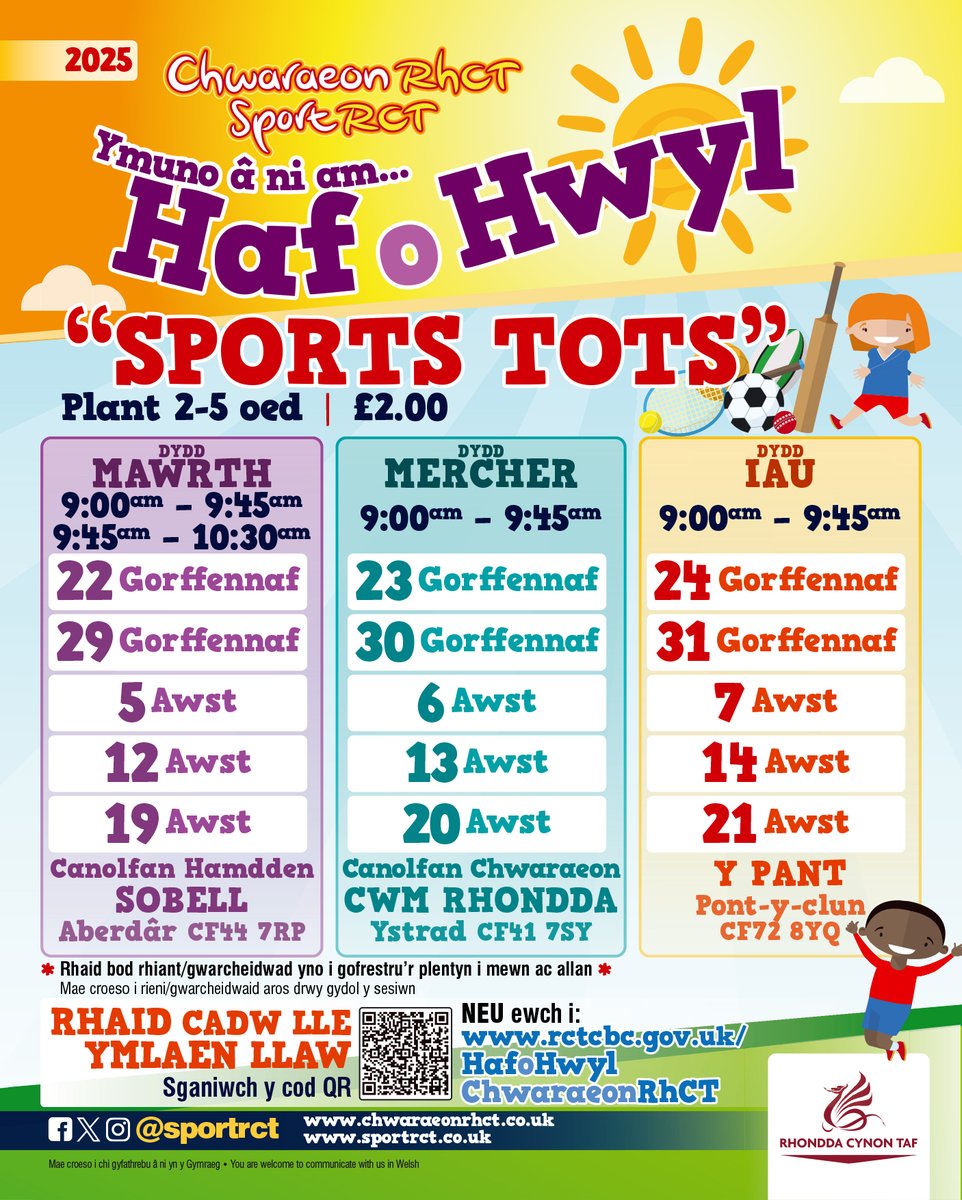 Diddanwch eich plentyn dros yr haf gyda'n sesiynau Chwaraeon i Blant Bach! ⭐️

Mae modd cadw lle o hyd ar gyfer y sesiynau canlynol yr wythnos nesaf..

🟡 Aberdâr 9:45am
🟠 Ystrad 9:00am
🟡 Pont-y-clun 9.00am

Am fanylion llawn neu i gadw lle, ewch i orlo.uk/BfXWz