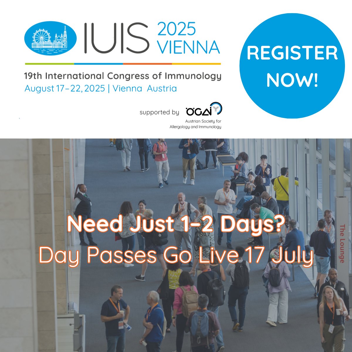 iuis_online's tweet image. Budgets tight & misinformation rampant—our power is unity. Join #IUIS2025 in Vienna: day tickets (1–2 days) available now, or grab the full pass for 6 days of science & socials at the best per-day rate
iuis2025.org/registration/
🗓️17–22 Aug 2025
#RoadToVienna #GlobalImmunology