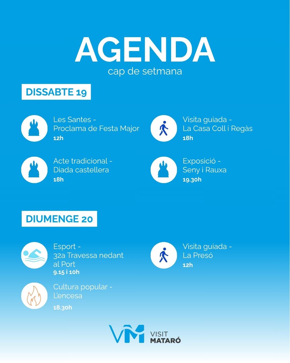 🗓️ AGENDA DEL CAP DE SETMANA
Arriba una de les setmanes més esperades a Mataró, amb activitats dedicades a Les Santes! 💥
👉🏼 També podràs gaudir de visites guiades per conèixer els monuments de la ciutat!
🔗 Consulta tota la programació a: visitmataro.cat/ca/agenda-2
#VisitMataró