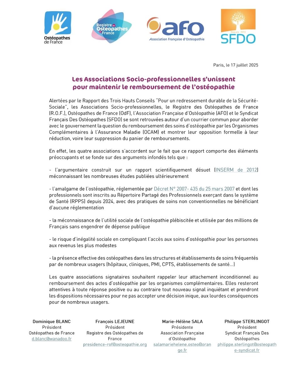 Les patients doivent pouvoir continuer à accéder à l’ostéopathie.
Les ostéopathes doivent pouvoir continuer à exercer dans un cadre stable et reconnu.
OdF, le ROF, l’AFO et le SFDO s’unissent pour défendre le remboursement par les complémentaires santé.
osteofrance.com/perch/resource…