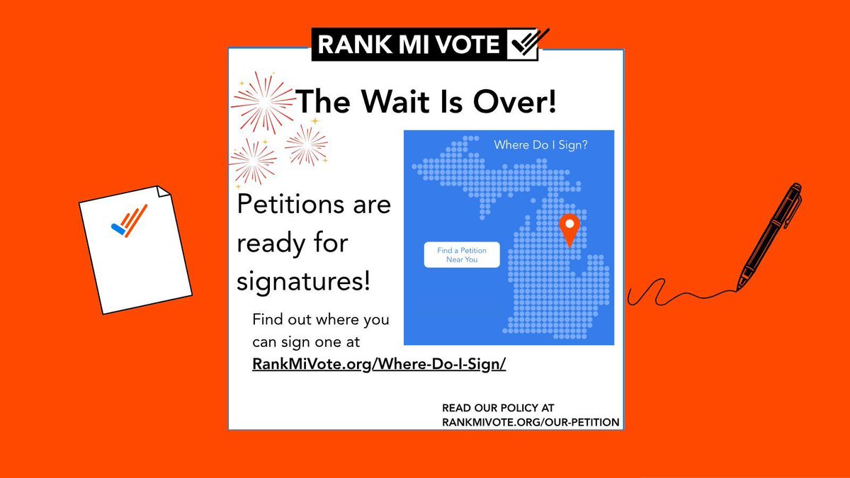 RankMIVote's tweet image. Our Ranked Choice Voting petition is live, Michigan! We couldn't be more grateful and proud of every volunteer and donation that made this day possible. Find signature gathering events at RankMiVote.org/Where-Do-I-Sign. The Ranked Choice Voting petition awaits your signature!
Please…