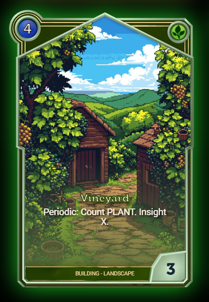 CrowdControlNet's tweet image. After we have already seen a synergy with plants here is another:
Vineyard gives you card draw if you have plants. Quite easy and simple and accompanies well a deck that has a lot of mana which is typical for nature with ramp. The Vineyard is a bit untypical for Nature since it…