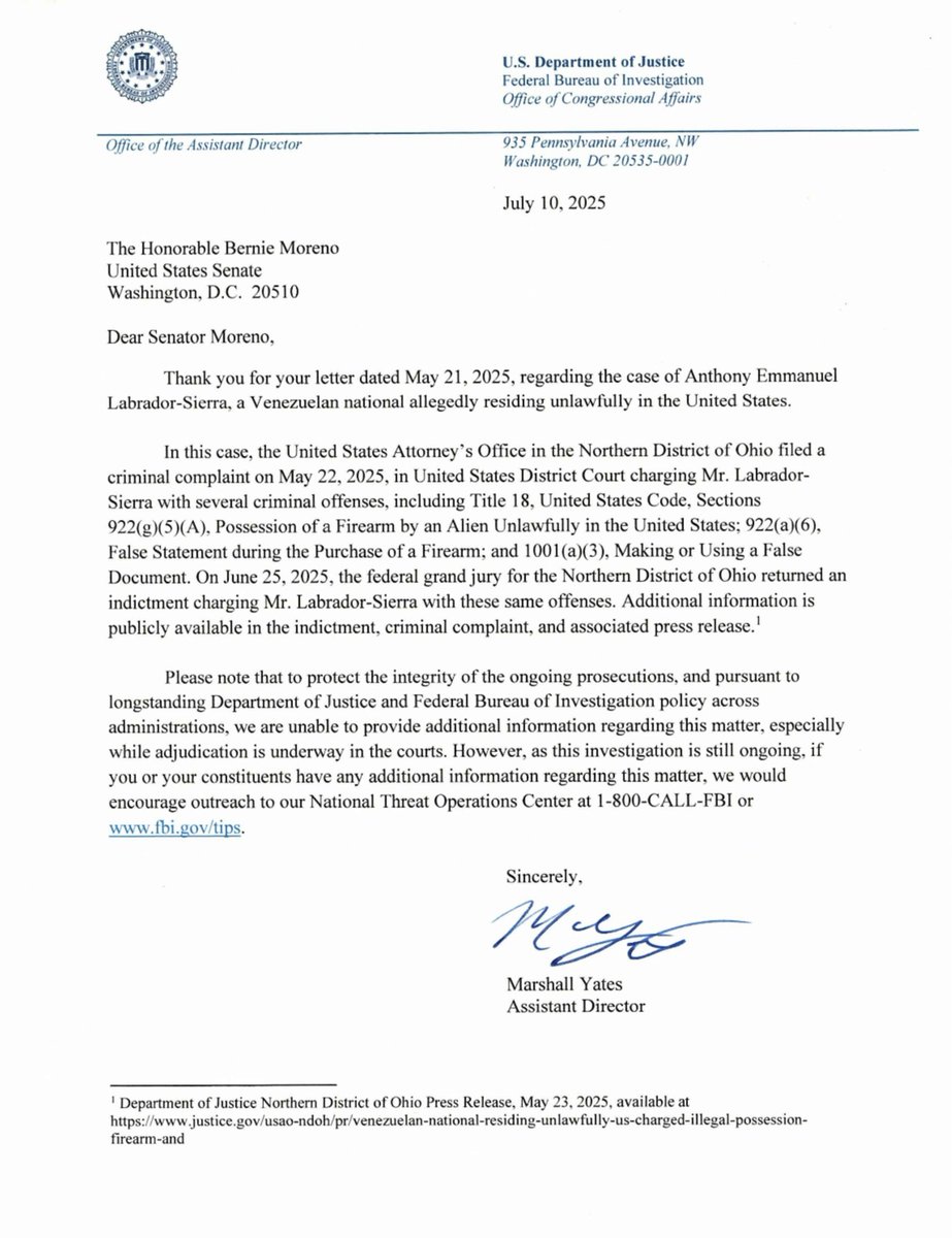 berniemoreno's tweet image. Insanity: an illegal migrant Joe Biden allowed into the country infiltrated an Ohio high school & impersonated a student. After I called for an investigation, the FBI revealed he was armed & dangerous.
Thank you to @Kash_Patel & @KristiNoem for their tireless pursuit of justice.