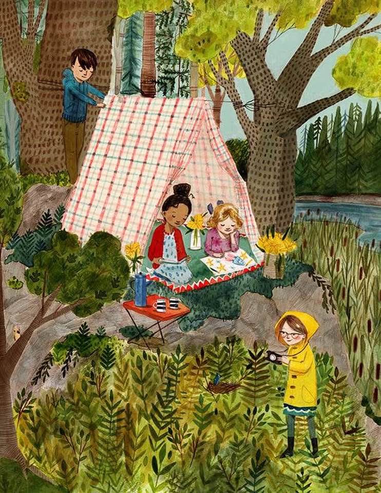 Childhood summers were exploring the woods with neighborhood friends and checking out armloads of books from the library. I entered the world of books the same way I did the woods: wholeheartedly disappearing into the magic of both.
(art by Abigail Halpin)