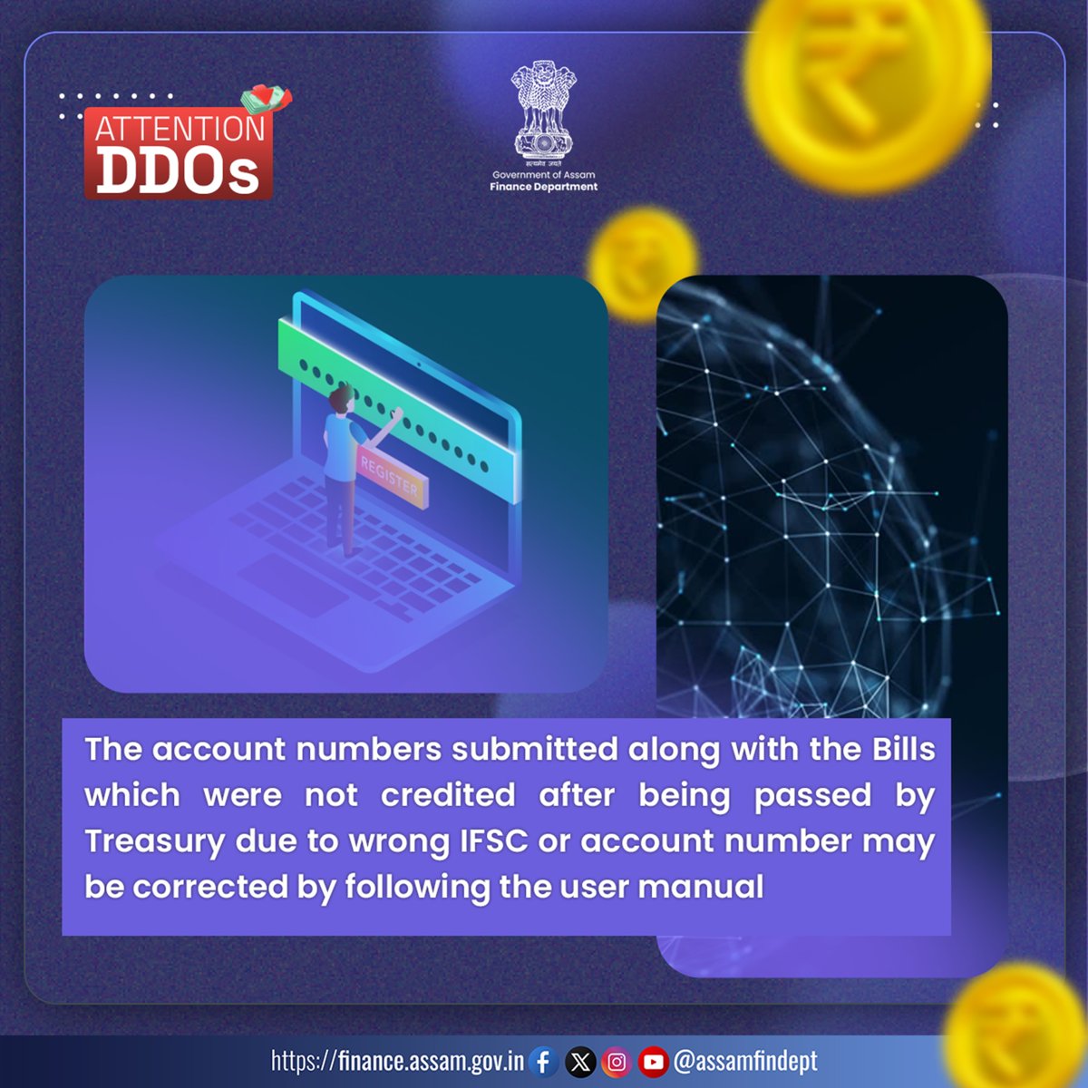 AssamFinDept's tweet image. A new functionality, eKuber Refund Account Number Correction, is now available for DDOs. Bills not credited due to incorrect IFSC or account number can be corrected as per the user manual available at FinAssam Notification Page. #eKuber #Treasury #PublicFinance #DigitalGovernance