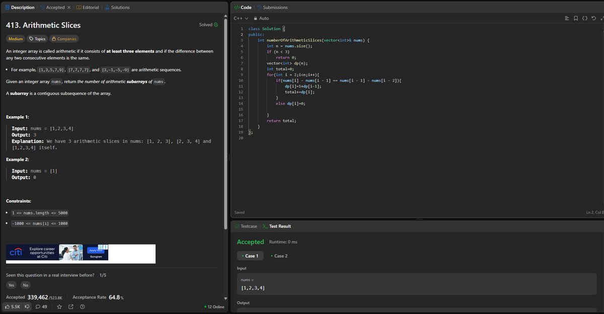 BitwiseAbhi's tweet image. Topic - Dynamic Programming
"DSA Streak Continues! | Day 85"
Problem statement :- Arithmetic Slices ( LC-413)
Both Top down (Recursion + dp) & Bottom up (tabulation)
#DataStructureAndAlgorithms
#PWPW (PhysicsWallah)