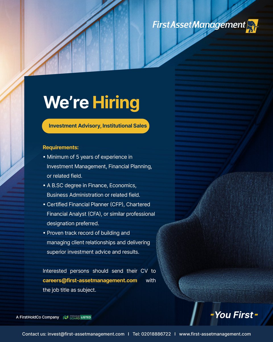 firstassetmgmt's tweet photo. 🚨 We're hiring: Investment Advisor – Institutional Sales!
📌 5+ yrs experience
📌 https://t.co/iUn3PyXt9H. in Finance/Economics
📌 CFP/CFA a plus
📩 Send CV to: careers@first-assetmanagement.com
Use job title as subject.
#WeAreHiring #FinanceJobs #CFA #FirstAssetManagement https://t.co/rt7Ab5H9Zr