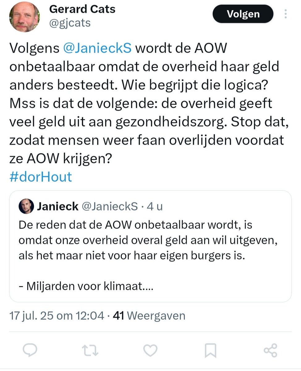 JanieckS's tweet image. Het is heel simpel, Gerard. Als de Nederlandse overheid minder geld uitgeeft aan onzinnige zaken, was er nu genoeg geld geweest om dit AOW bedrag te compenseren.