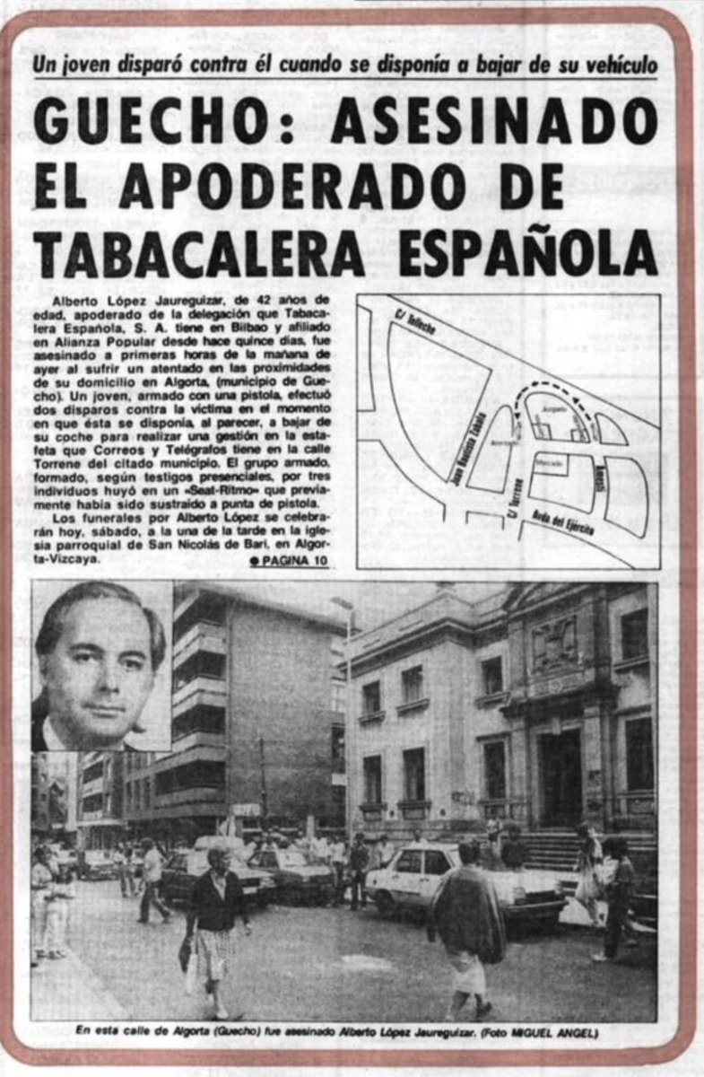 Un día como hoy de 1982 #ETA asesinó en #Guecho al apoderado de Tabacalera en #Vizcaya y afiliado a #AlianzaPopular <a href="/PPVasco/">Partido Popular Vasco</a> <a href="/PPdeGetxo/">PPGetxo</a>, ALBERTO LÓPEZ-JAUREGUÍZAR PONCELA.

Subió a su vehículo cuando tres pistoleros etarras le dispararon a bocajarro.

#MEMORIA