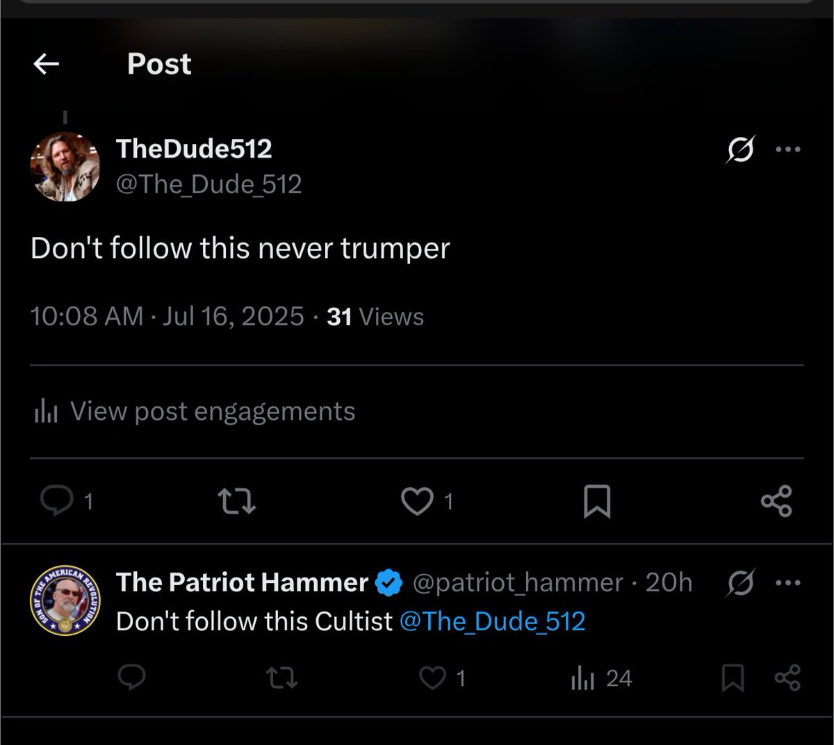 The_Dude_512's tweet image. Tha patript hammer is not a patriot. He's a guttless trump hating phaggot