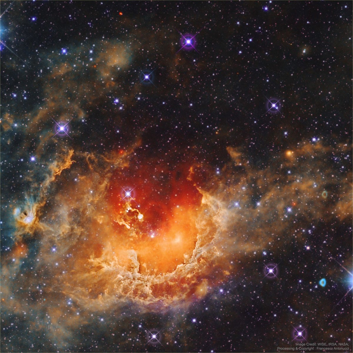 IC 410 (también conocida como la nebulosa del Renacuajo) es una región de formación de estrellas a 12 000 años-luz, en la dirección de la constelación de Auriga (El Cochero). Mide más de 100 años-luz y aquí la vemos en el espectro infrarrojo. En el centro podemos ver dos zonas
