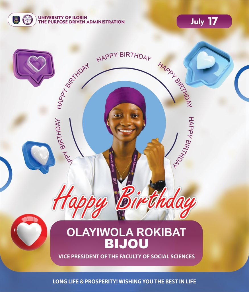 Hey yoo🎉🥳🎉
It’s the Birthday of our very own Vice President OLAYIWOLA Rokibat Boluwatife (Bijou) 💜🎂
The Purpose-Driven Administration celebrates a leader full of grace, strength &amp; impact!

Drop your wishes below 👇