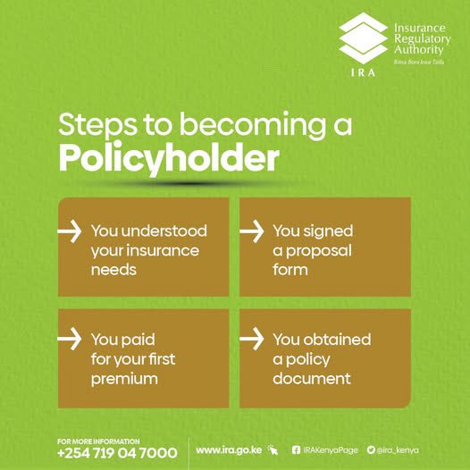 TheStarKenya's tweet image. It only takes four simple steps to become an insuarance policy holder. Start your journey to protection and peace of mind today! #InsuranceRegulatoryAuthority #IRAKenya @ira_kenya